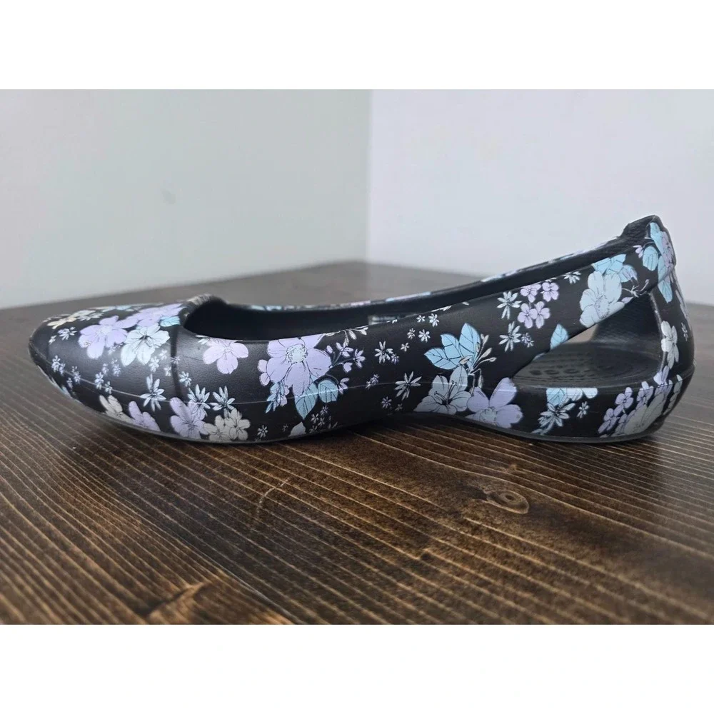 Crocs Women's Shoes Size 7 Floral Black Purple Slingback Slip On Flat‎ Ballet